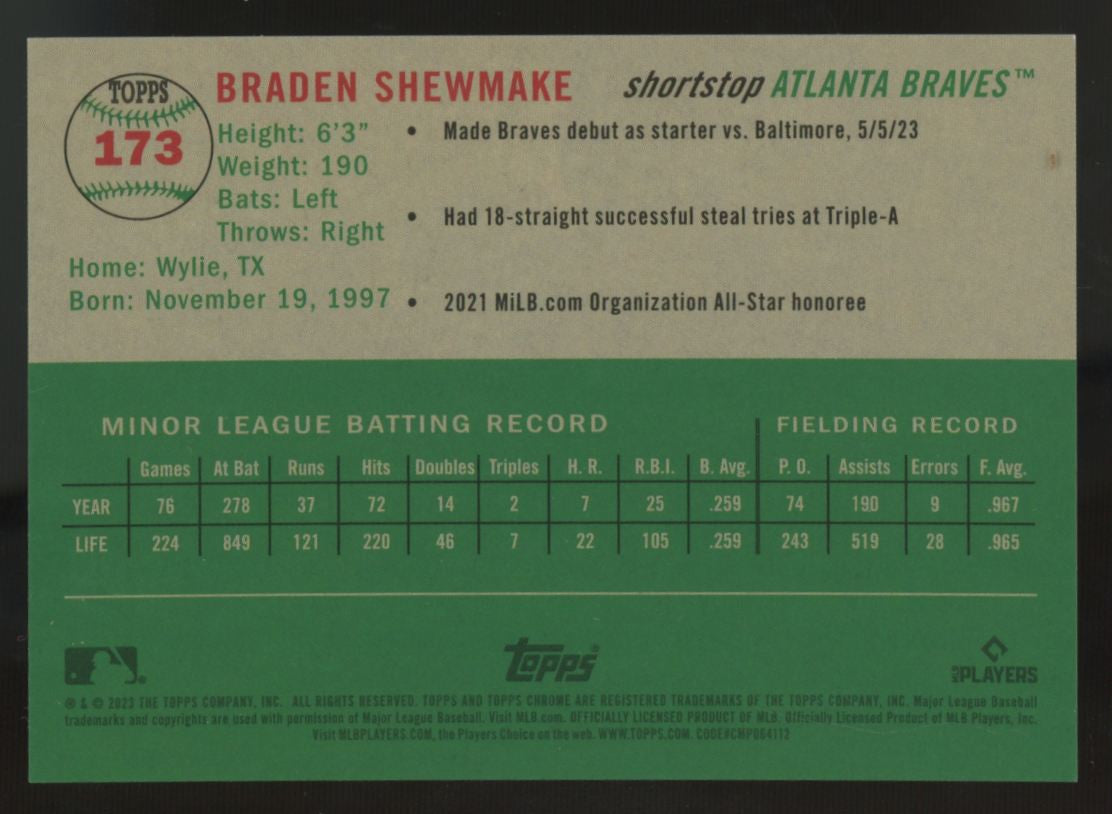 2023 Topps Chrome Platinum Anniversary Braden Shewmake RC Black Refractor /10
