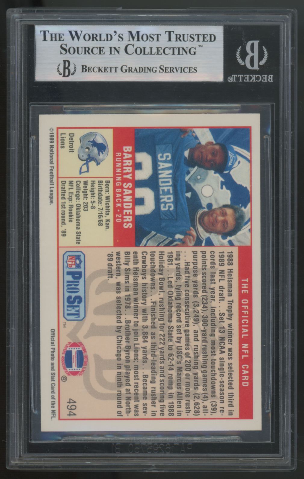 1989 Pro Set Barry Sanders RC No 1 Pick #494 BGS 9