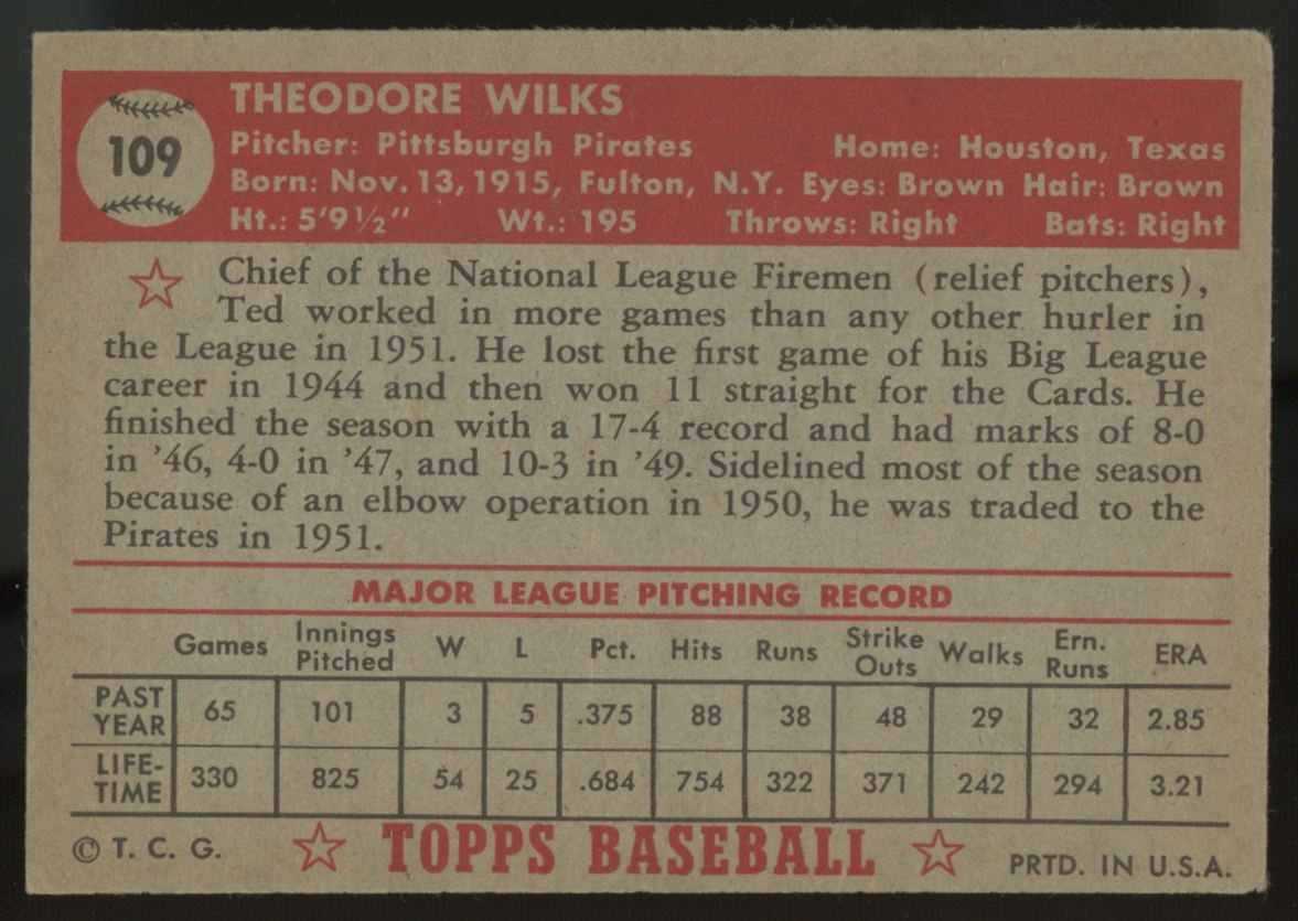1952 Topps Ted Wilks #109 VG/EX