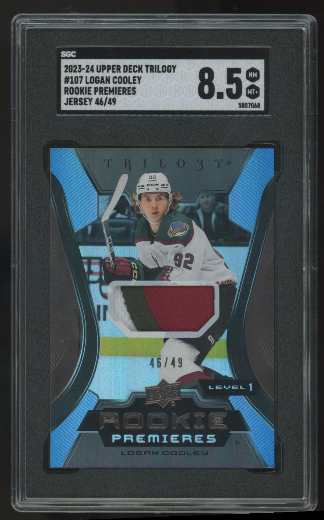 2023-24 Upper Deck Trilogy Logan Cooley Rookie Premier Patch  /49 #107 SGC 8.5