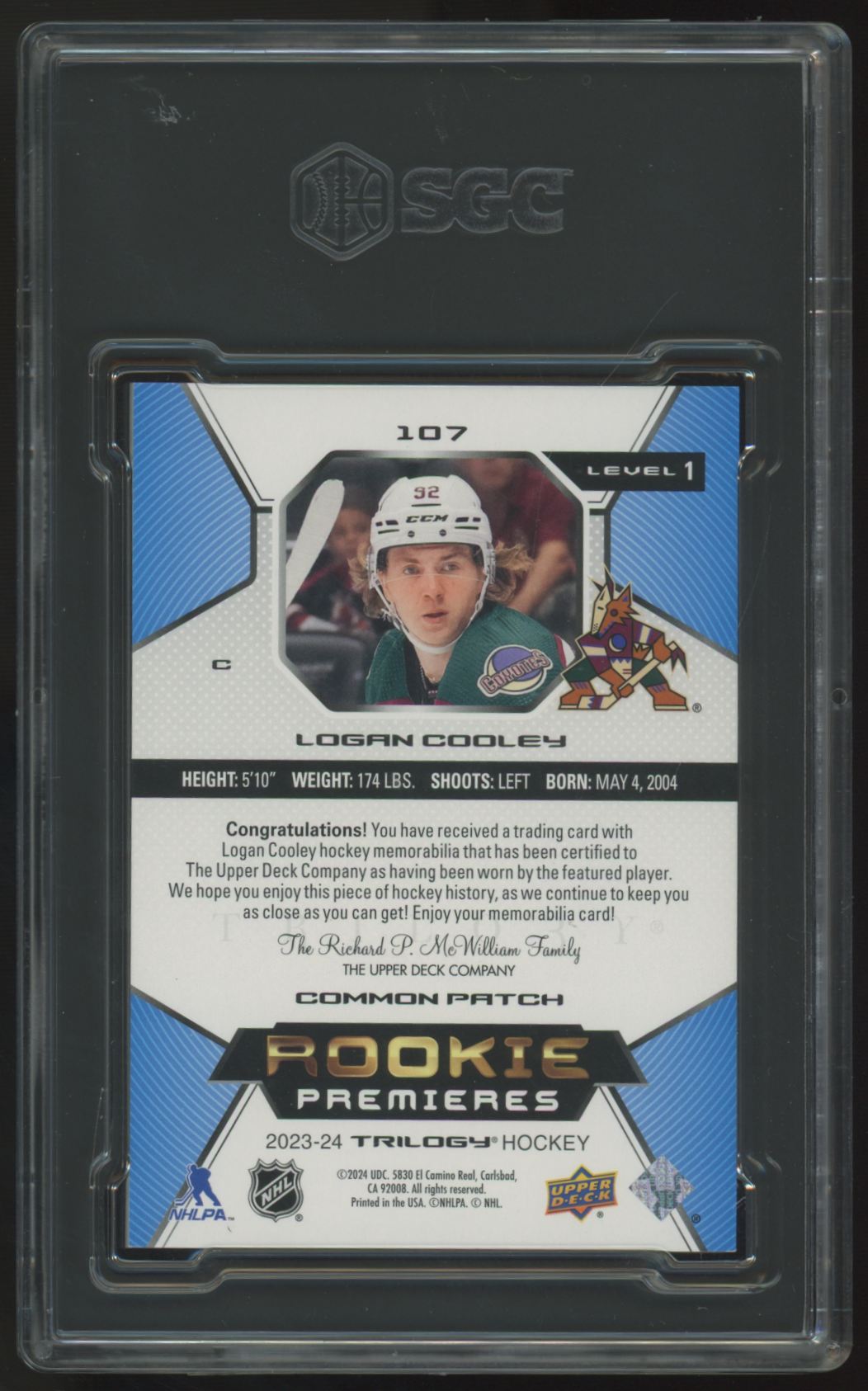 2023-24 Upper Deck Trilogy Logan Cooley Rookie Premier Patch  /49 #107 SGC 8.5