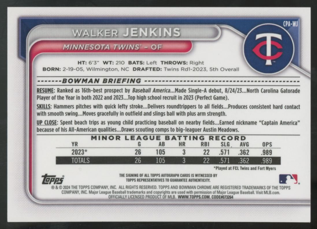 2024 Bowman Walker Jenkins 1st Chrome Prospect HTA Gold Lava Auto /50 #CPA-WJ