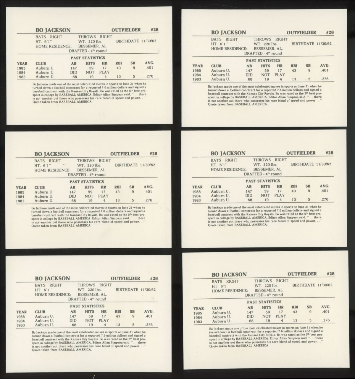 1986 Time Out Sports Bo Jackson RC Memphis Chicks #28 (Lot Of 20)