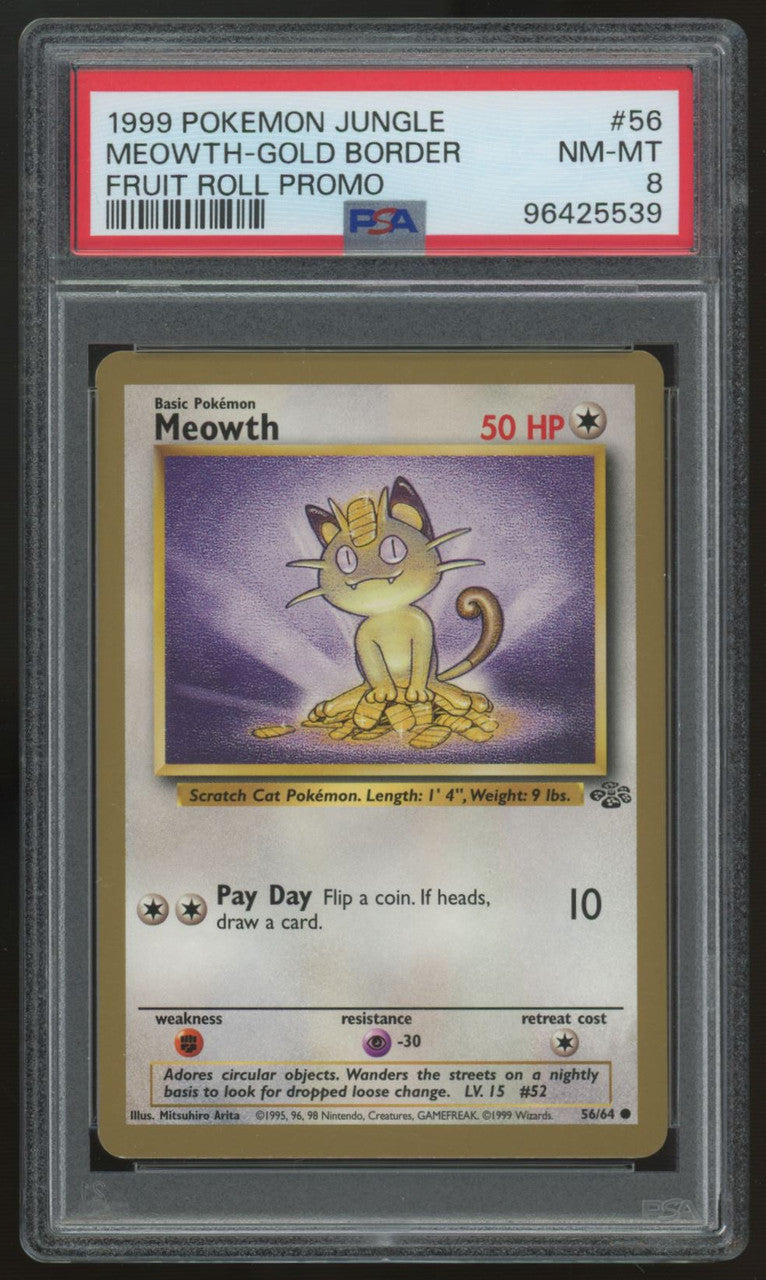 1999 Pokemon Meowth Gold Border Jungle Fruit Roll Promo #56 PSA 8