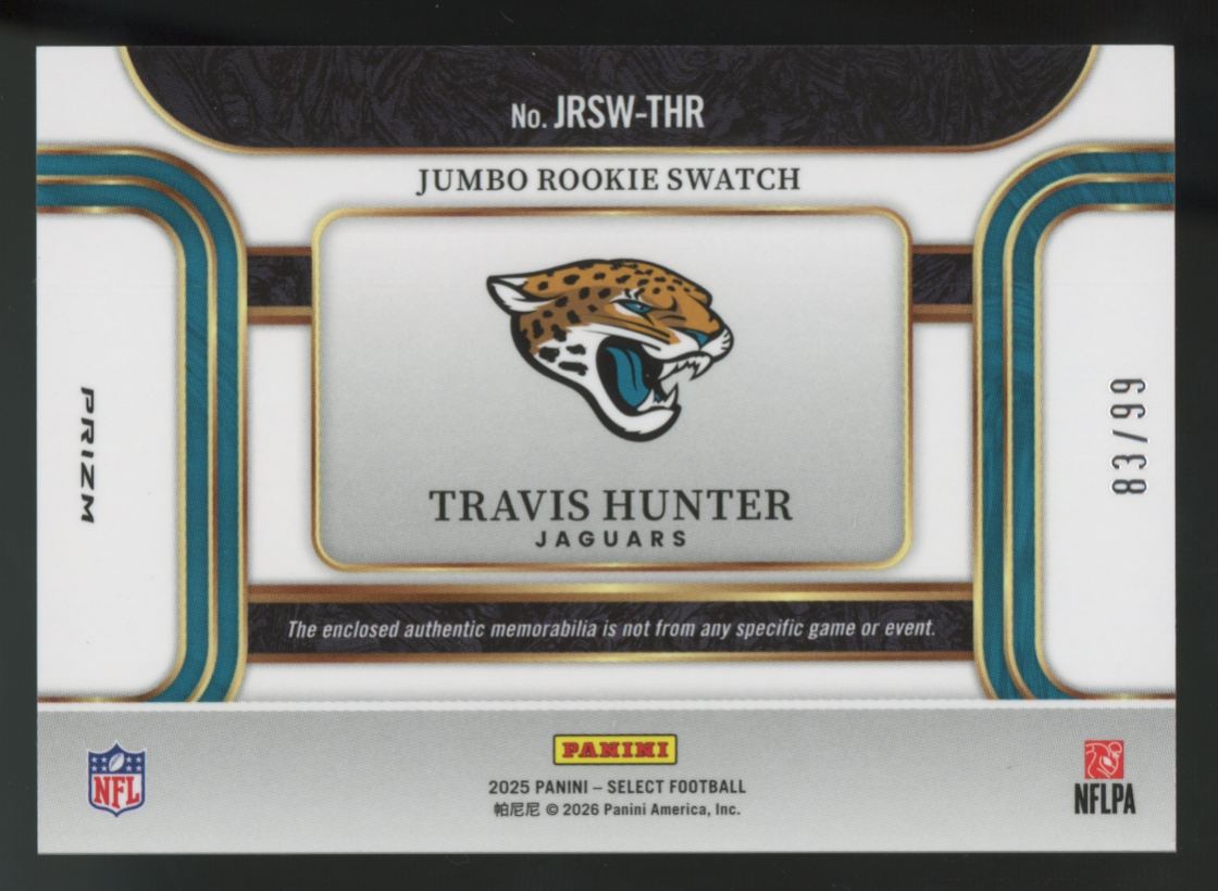 2025 Panini Select Travis Hunter RC Jumbo Patch /99 #JRSW-THR