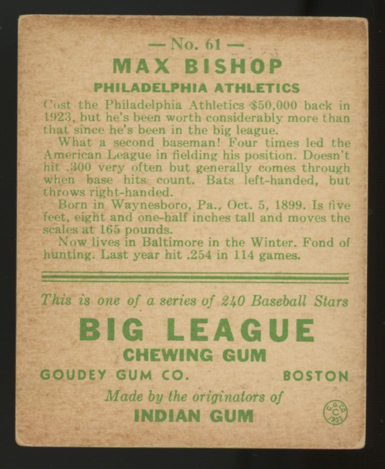 1933 Goudey Max Bishop #61 VG