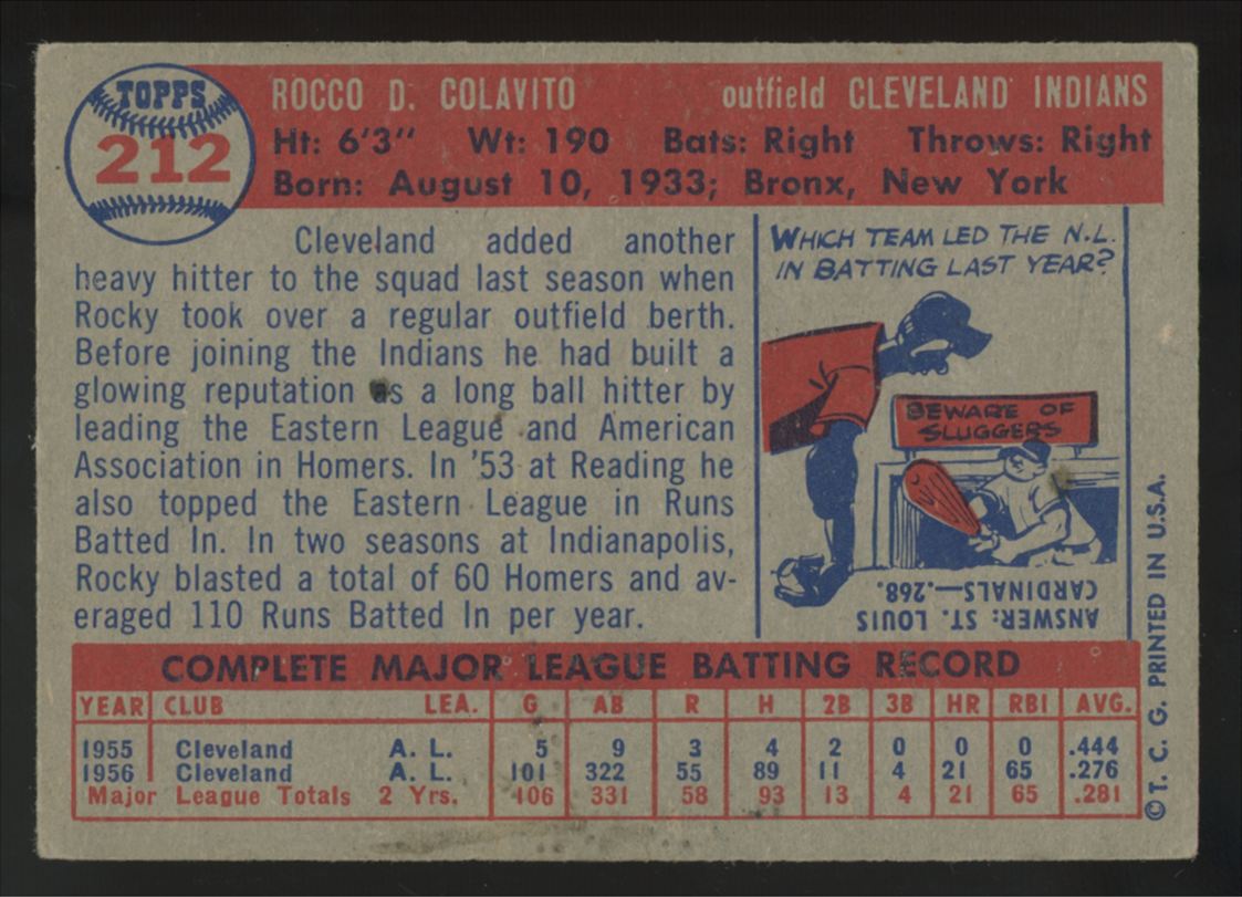 1957 Topps Rocky Rocco Colavito RC #212 VG