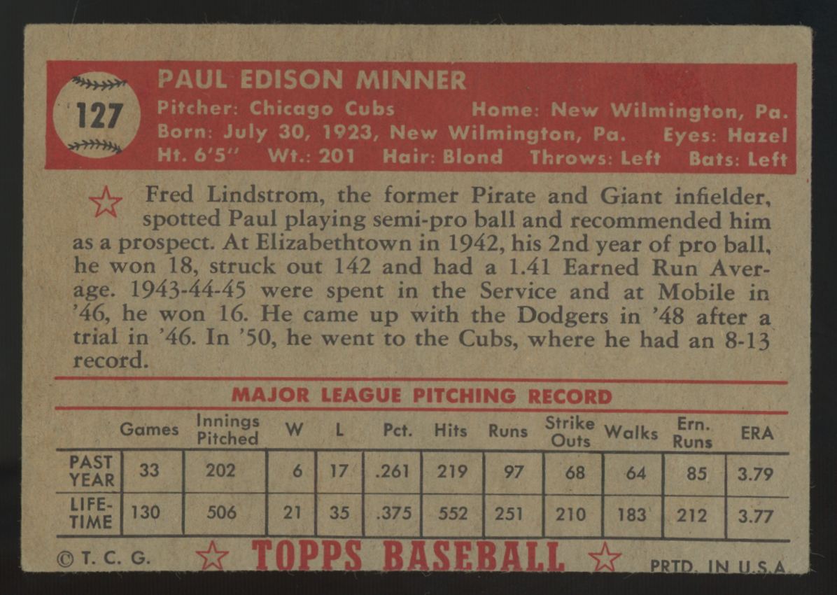 1952 Topps Paul Minner RC #127 VG/EX