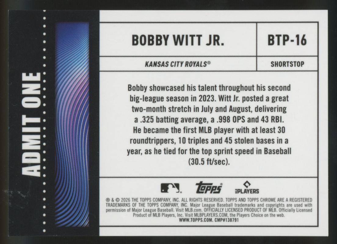 2026 Topps Chrome Bobby Witt Jr. Big Ticket Players Gold Wave Refractor /50