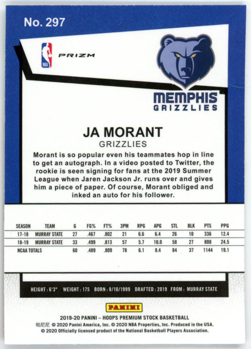 2019-20 Panini NBA Hoops Premium Stock Ja Morant Red Cracked Ice Prizm RC #297
