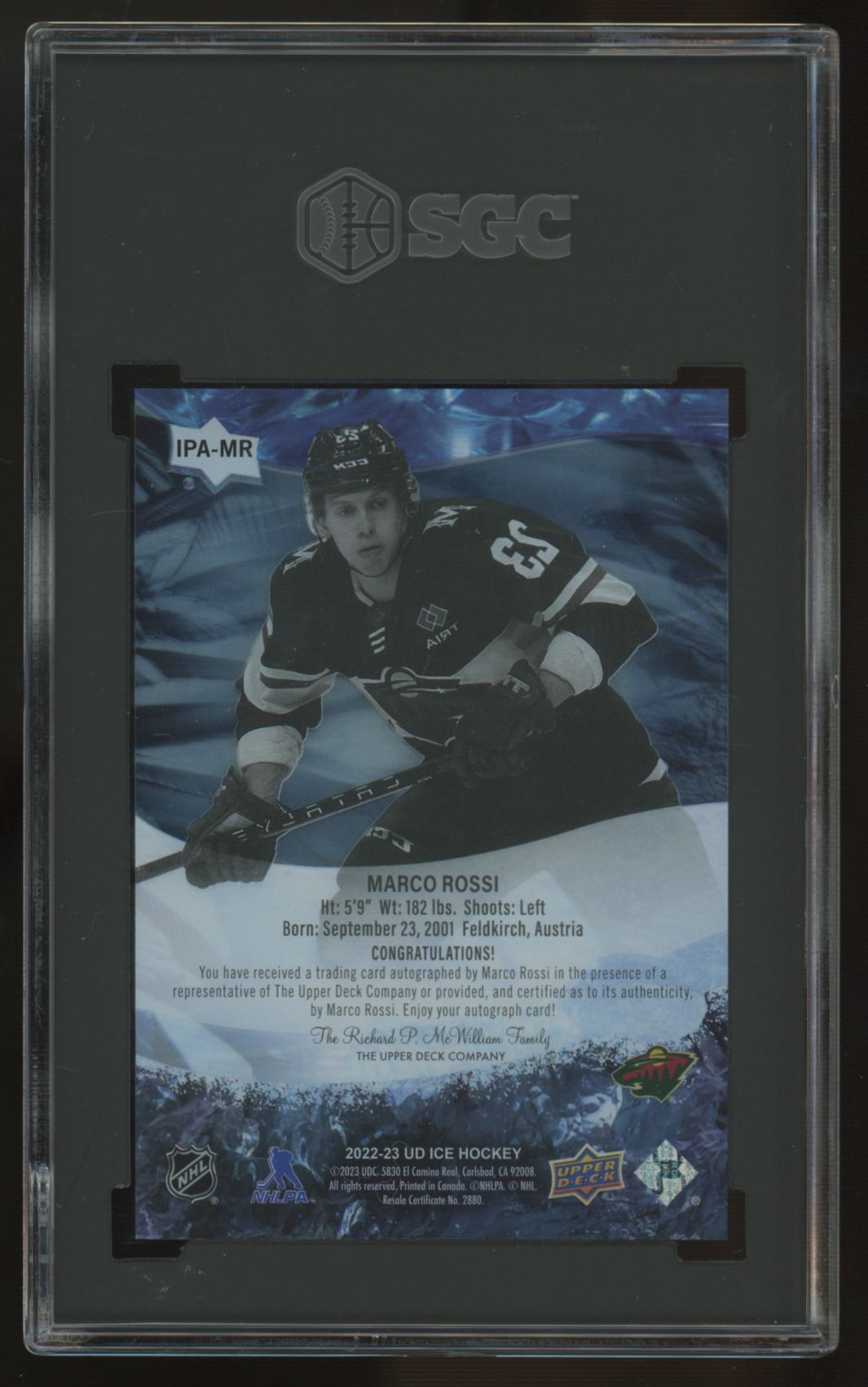 2022-23 Upper Deck Ice Marco Rossi RC Ice Premiers Auto /49 #IPA-MR SGC 9 10
