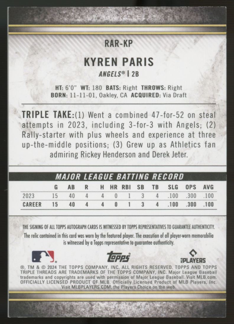 2024 Topps Triple Threads Kyren Paris RC Patch Auto RPA Green /50 #RAR-KP