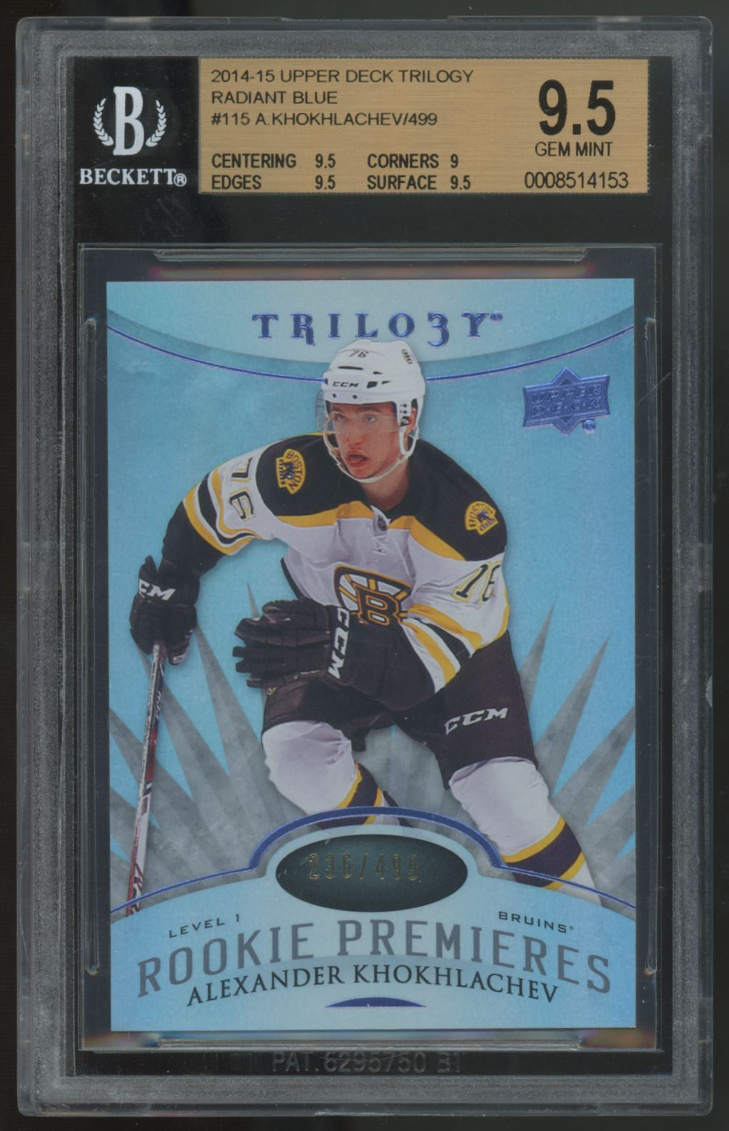 2014-15 UD Trilogy Alexander Khokhlachev RC Radiant Blue Premieres /499 BGS 9.5