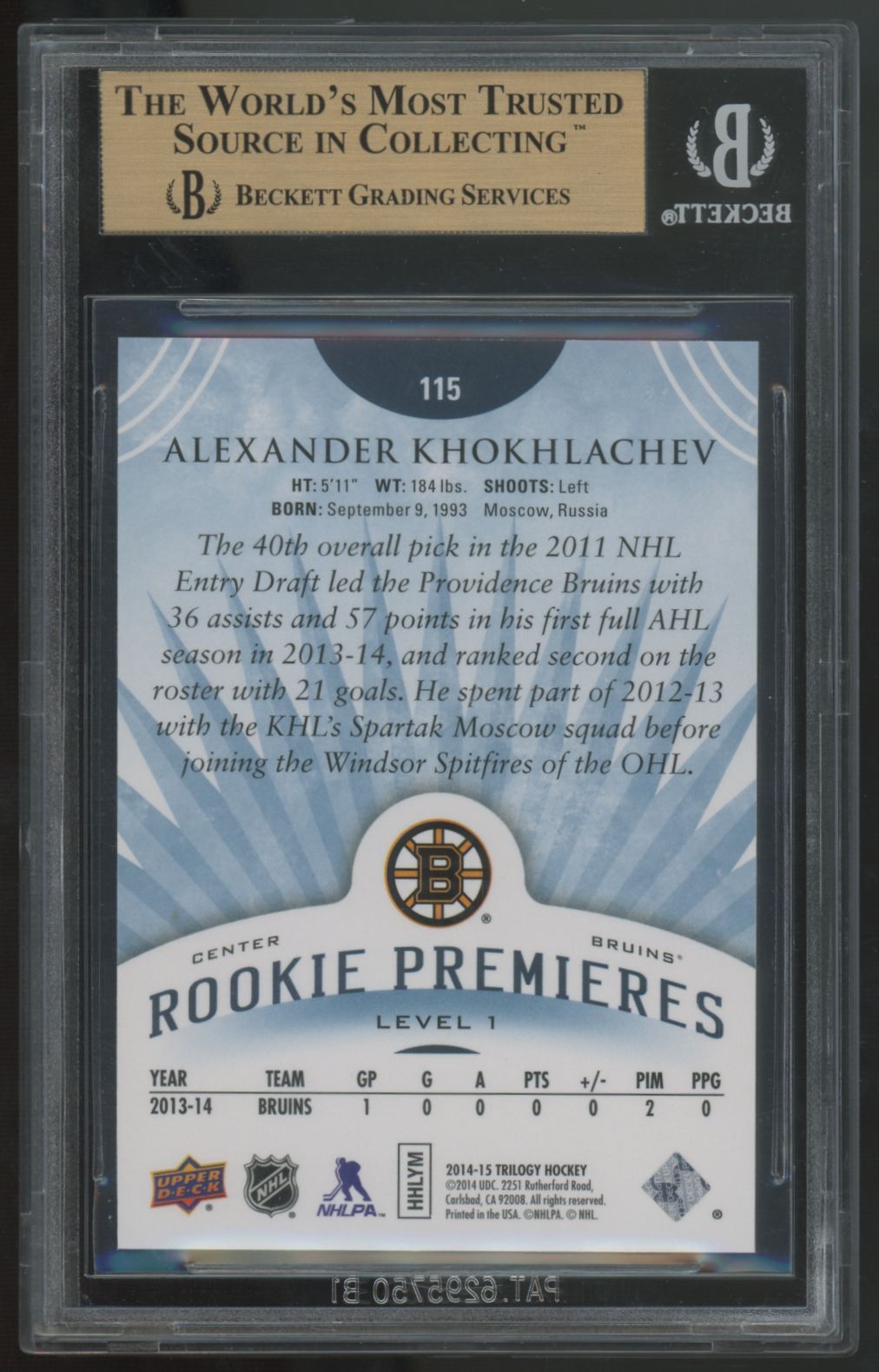 2014-15 UD Trilogy Alexander Khokhlachev RC Radiant Blue Premieres /499 BGS 9.5