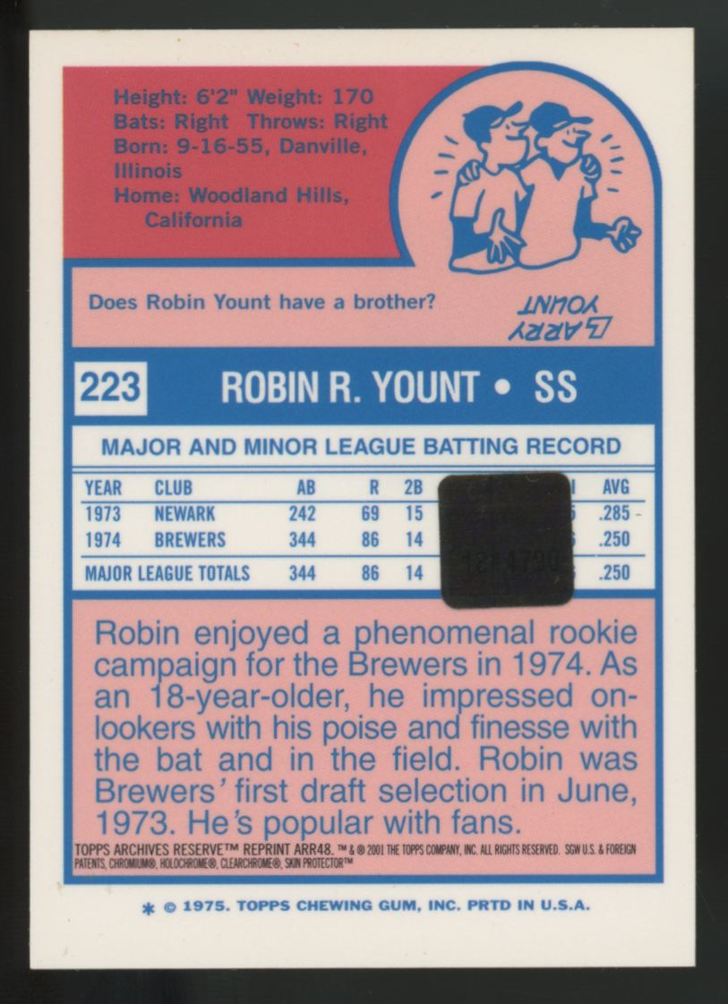 2001 Topps Archives Reserve Robin Yount 1975 Rookie Reprint Bat Relic #223