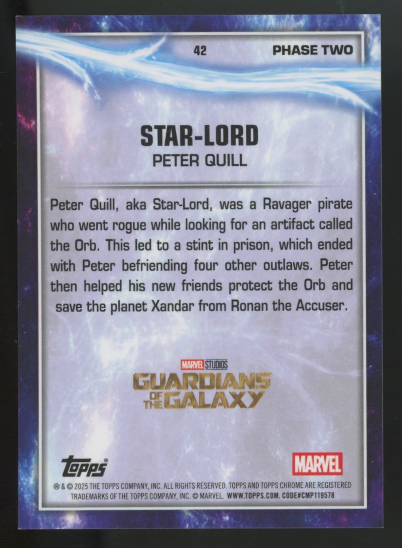 2025 Topps Chrome Marvel Peter Quill / Star Lord Phase Two Gold Wave /50 #42