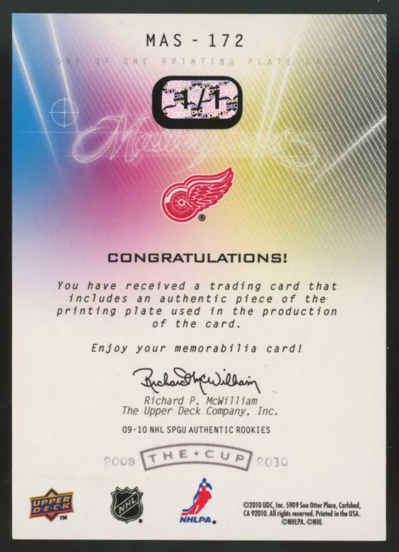 2009-10 Upper Deck The Cup Jakub Kindl RC Masterpieces Black Printing Plate 1/1