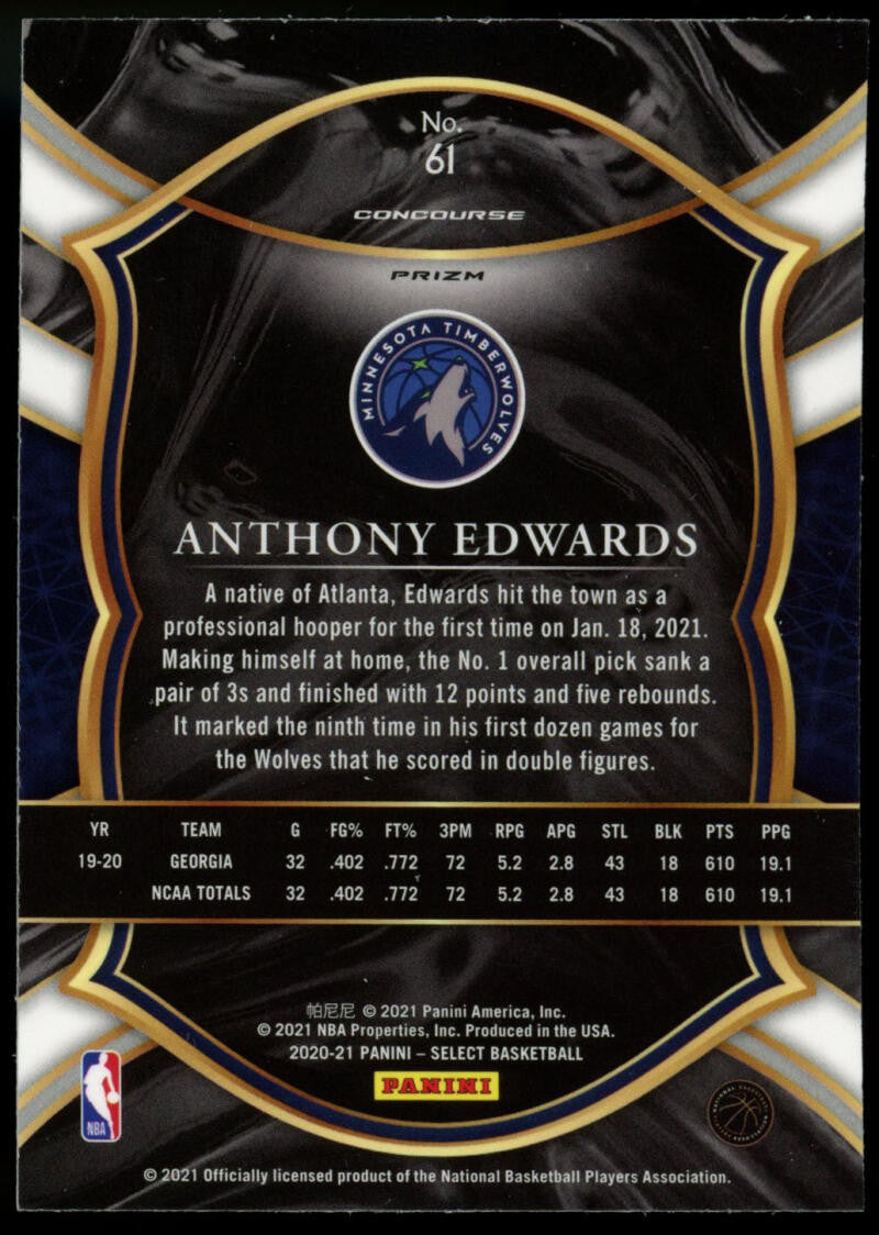 2020-21 Panini Select Anthony Edwards Silver Prizm RC #61