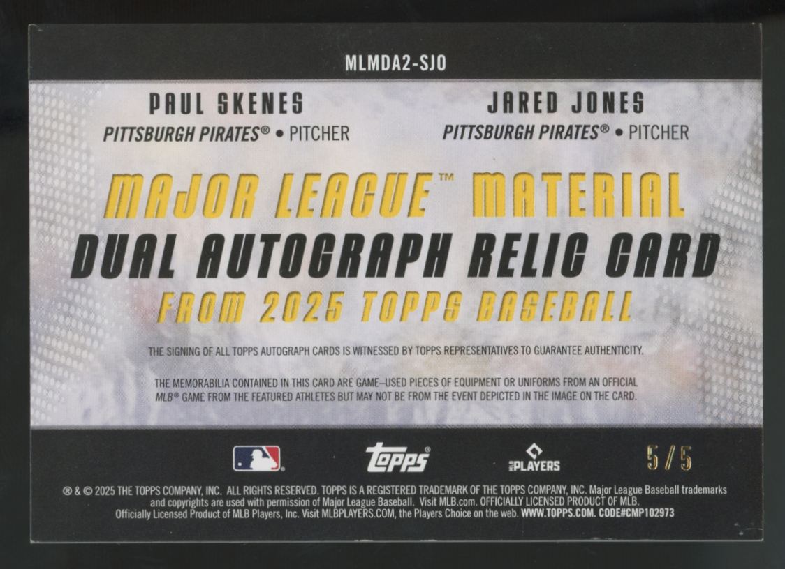 2025 Topps Series One Skenes/Jones Red Dual Patch Auto /5 #MLMDA2-SJO
