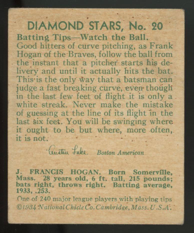 1934 National Chicle "Shanty" Hogan Diamond Stars #20 VG