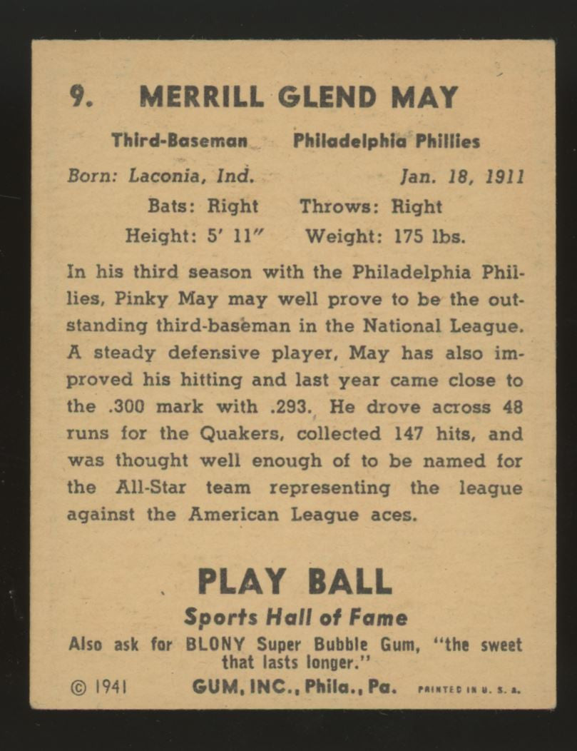 1941 Play Ball Pinky May #9 VG (Crease)
