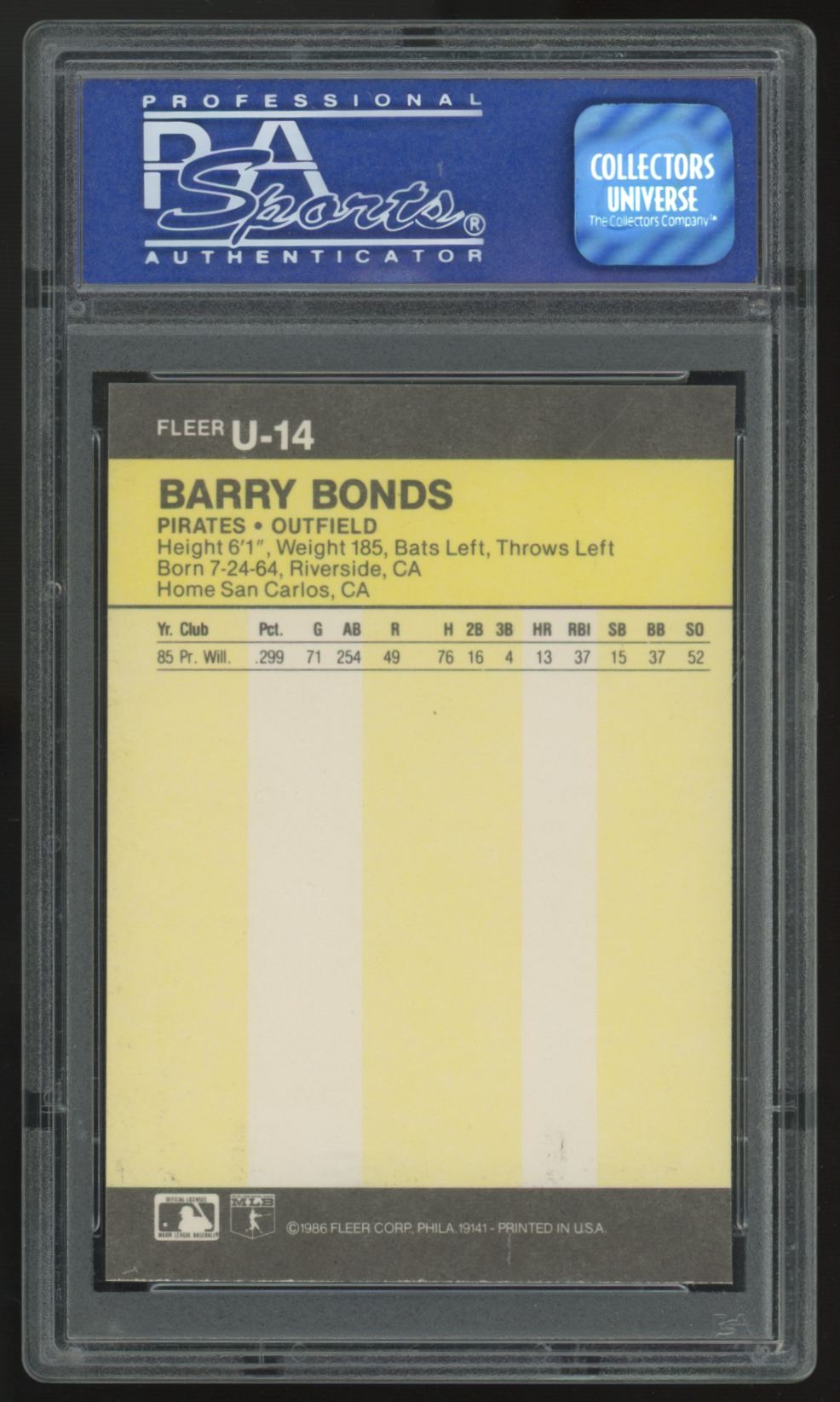 1986 Fleer Update Barry Bonds RC #U-14 PSA 9 *057