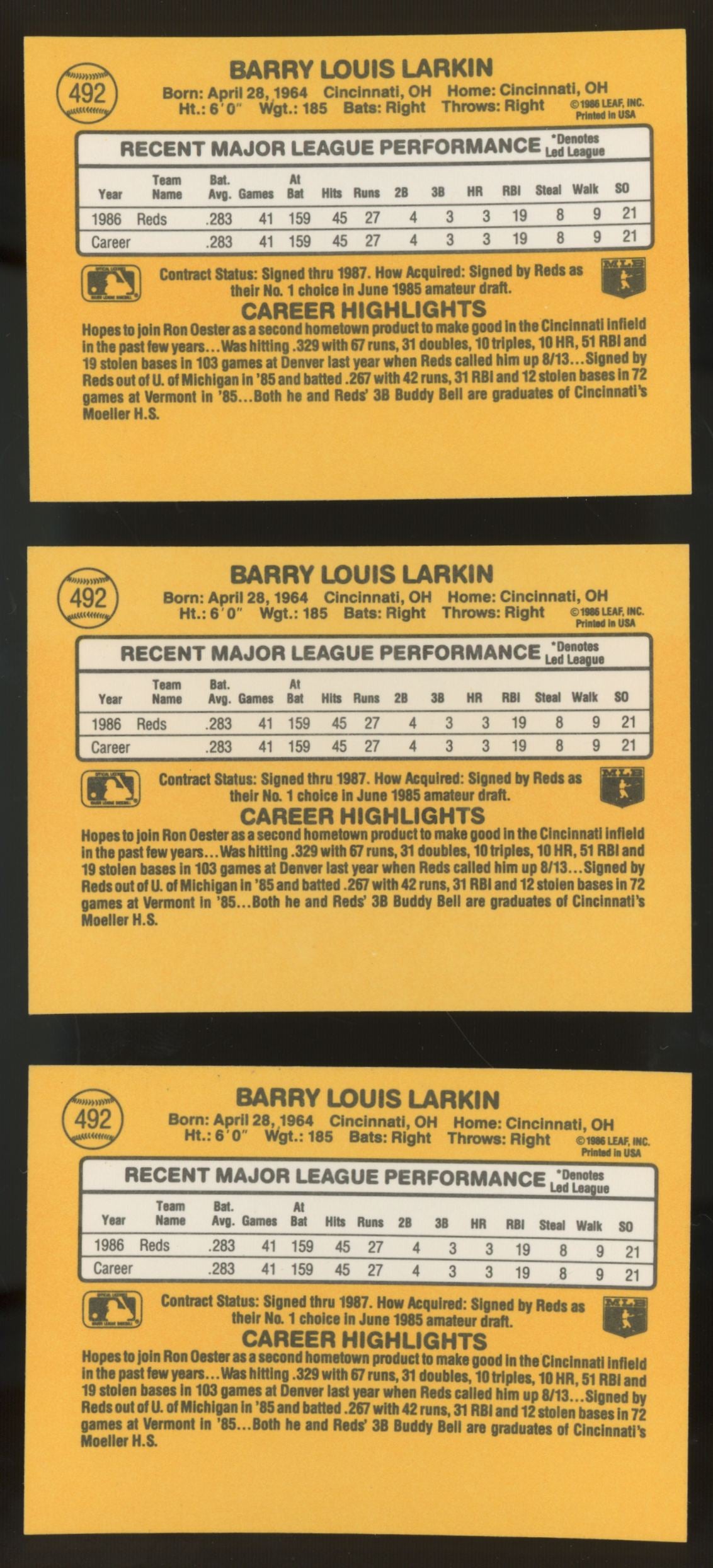 1987 Donruss Barry Larkin RC #492 (Lot of 33)