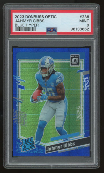 2023 Donruss Optic Jahmyr Gibbs RC Rated Rookie Blue Hyper Prizm #236 PSA 9