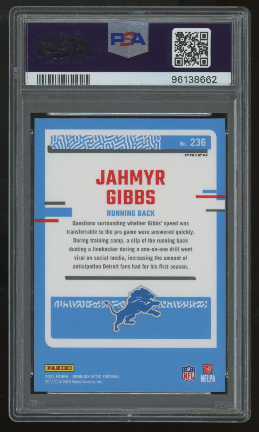 2023 Donruss Optic Jahmyr Gibbs RC Rated Rookie Blue Hyper Prizm #236 PSA 9