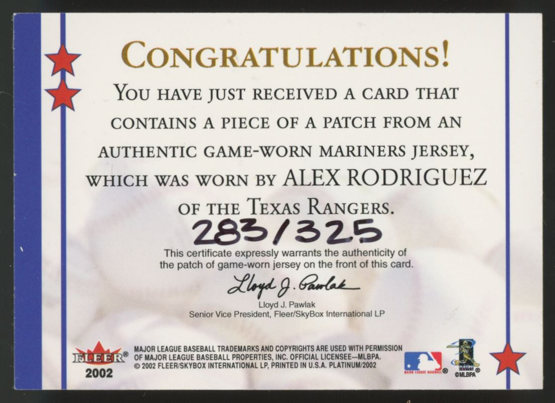 2002 Fleer Platinum Alex Rodriguez National Patch Time Patch /325