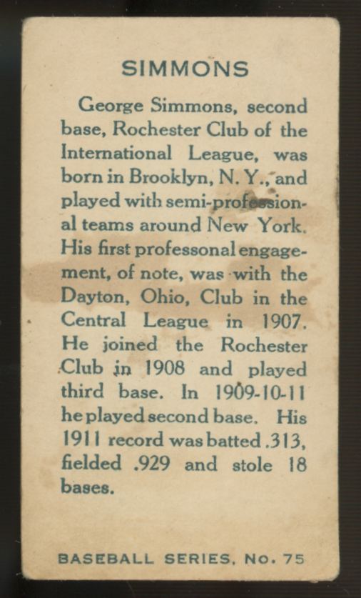 1912 C46 Imperial George "Hack" Simmons #75 VG