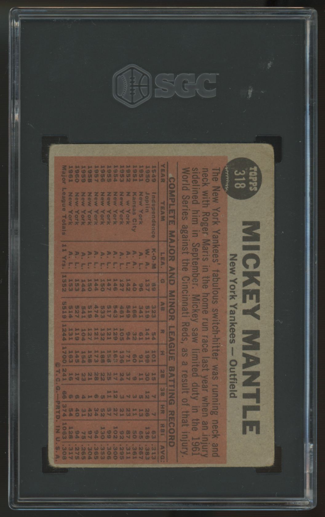 1962 Topps Mickey Mantle Switch Hitter #318 SGC 1.5 *231