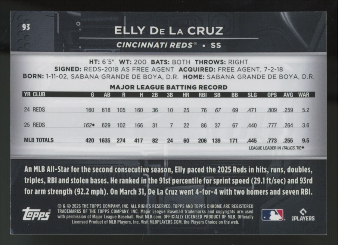 2026 Topps Chrome Black Elly De La Cruz Green Refractor /99 #93