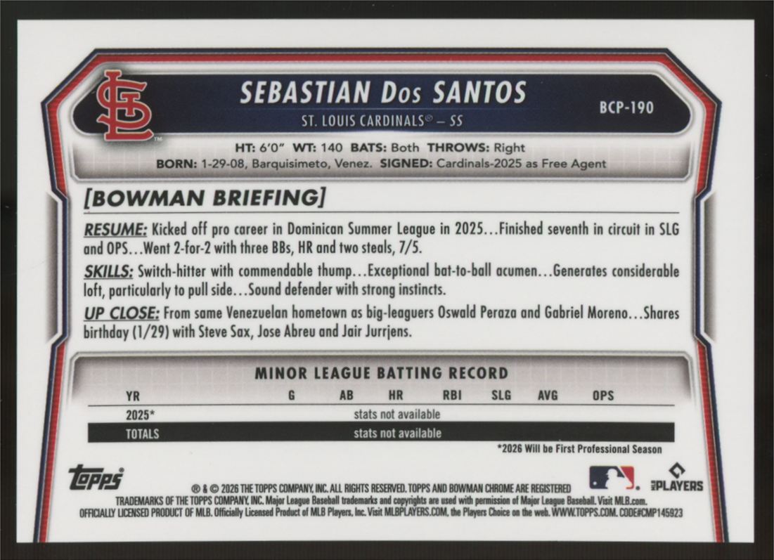 2026 Bowman Chrome Sebastian Dos Santos 1st Prospect Logofractor /35 #BCP-190