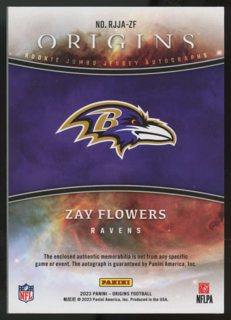 2023 Panini Origins Zay Flowers RC Blue Jumbo Patch Auto RPA /49 #RJJA-ZF