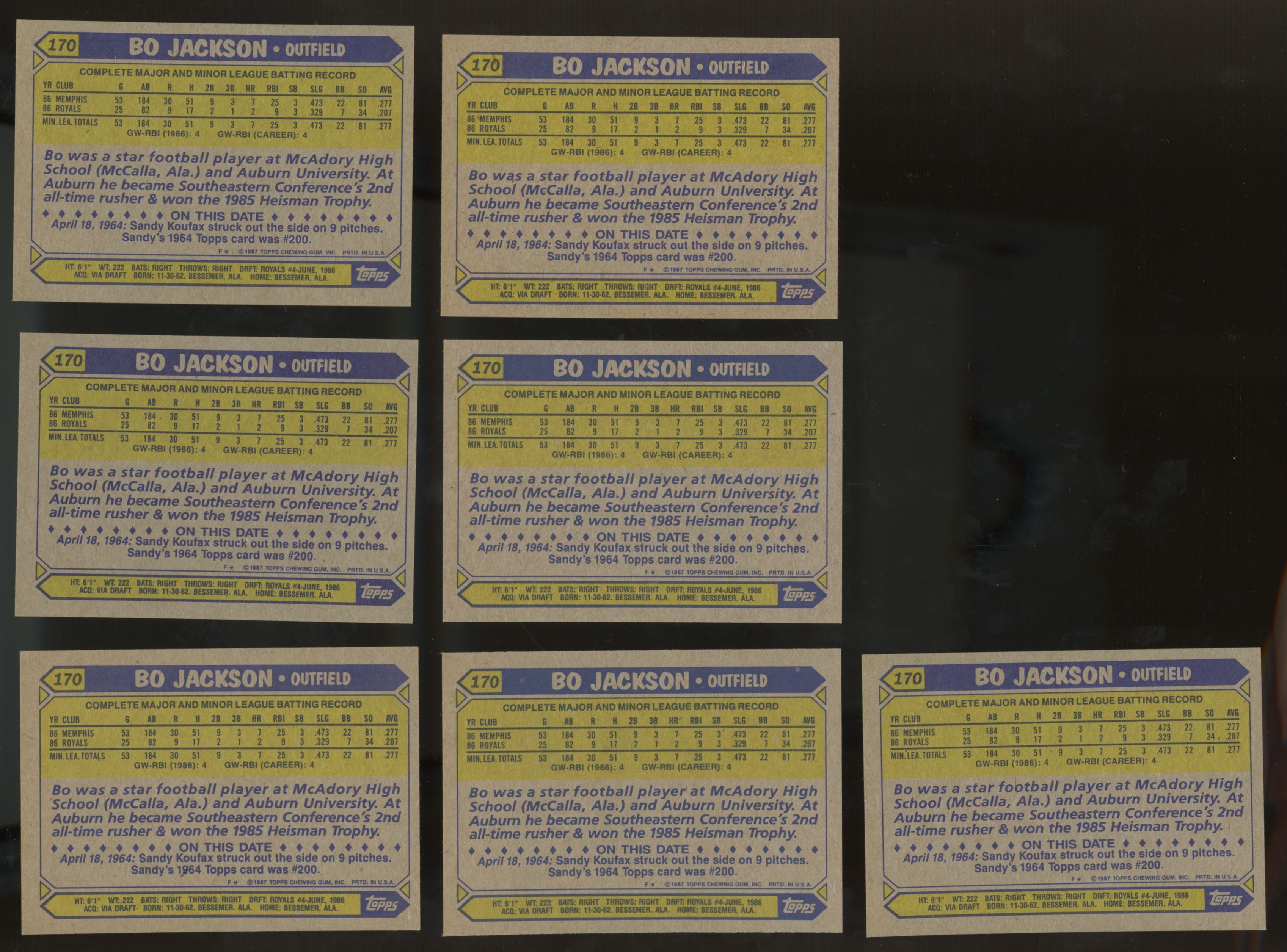 1987 Topps Bo Jackson #170 Lot Of 25 NM-MT