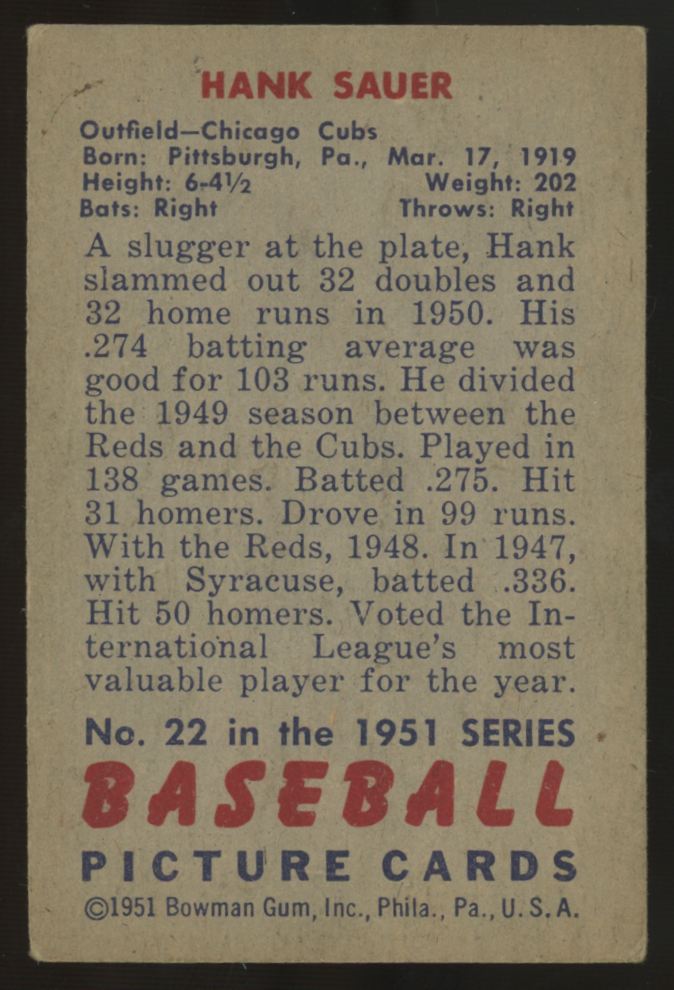 1951 Bowman Hank Sauer #22 VG/EX-EX