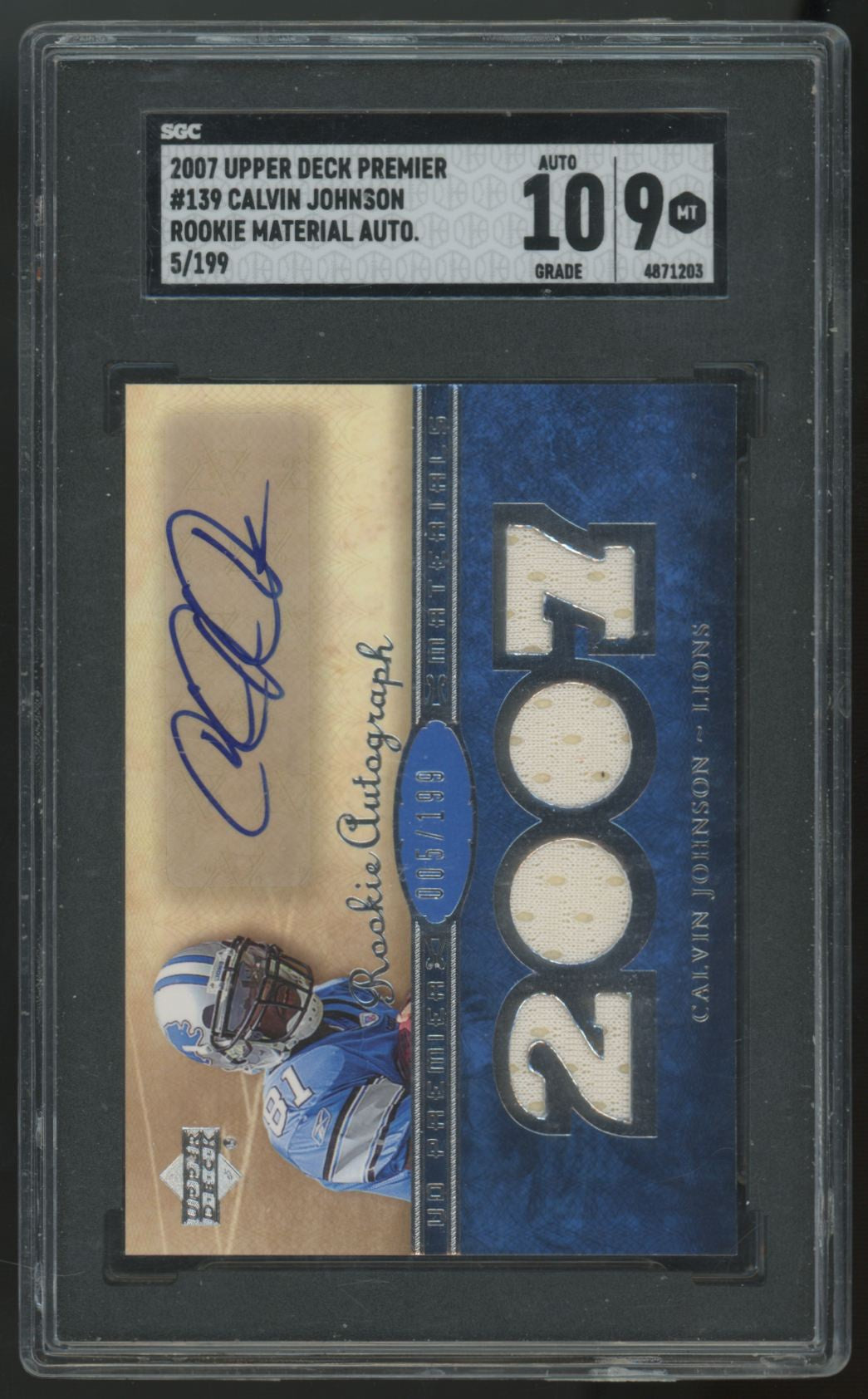 2007 Upper Deck Premier Calvin Johnson RC Patch Auto RPA/199 #139 SGC 9 10