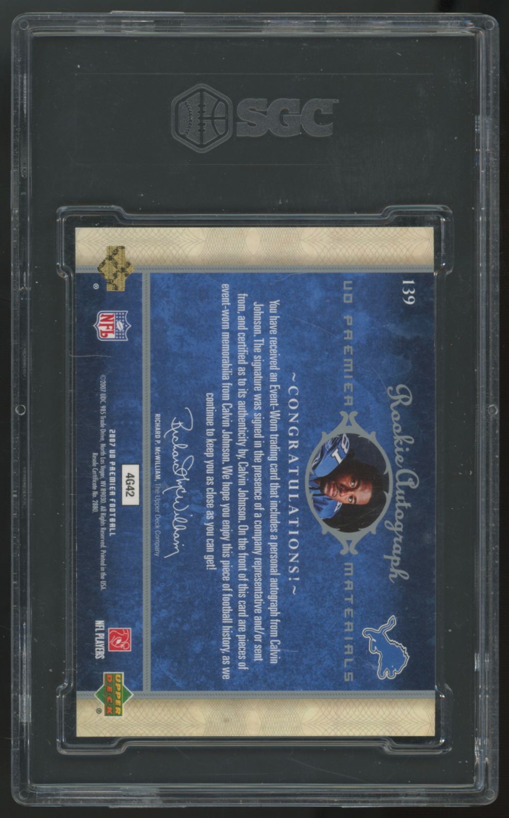 2007 Upper Deck Premier Calvin Johnson RC Patch Auto RPA/199 #139 SGC 9 10