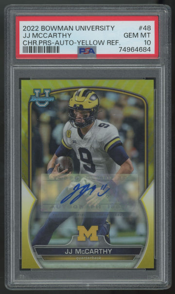 2022 Bowman U J.J. McCarthy Chrome Prospect Yellow Refractor Auto /75 #48 PSA 10