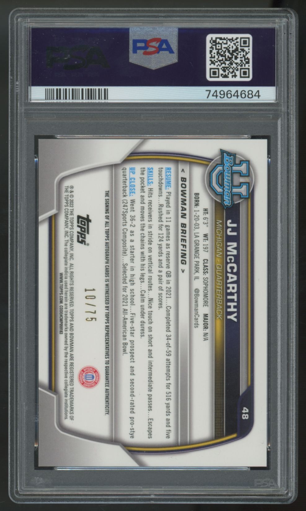 2022 Bowman U J.J. McCarthy Chrome Prospect Yellow Refractor Auto /75 #48 PSA 10