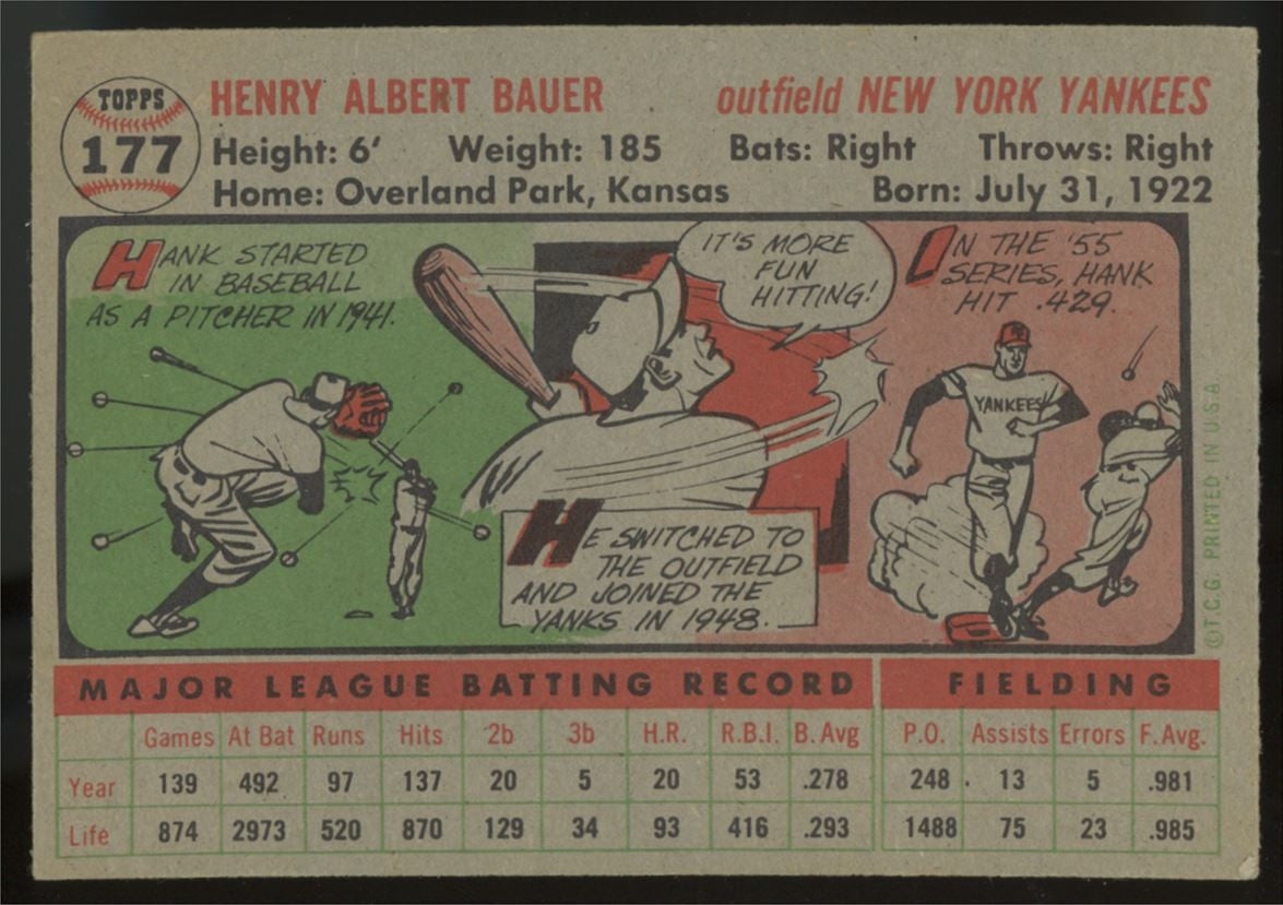 1956 Topps Hank Bauer #177 EX+