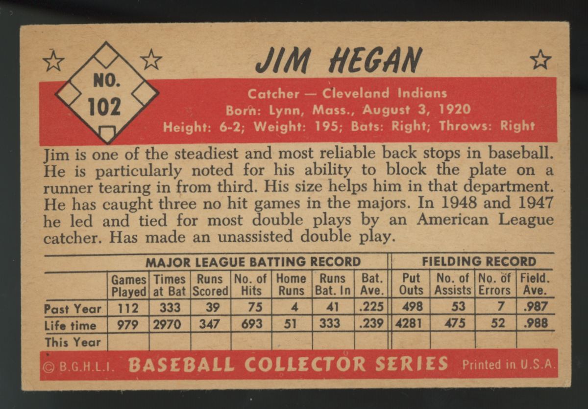 1953 Bowman Color Jim Hegan #102 EX