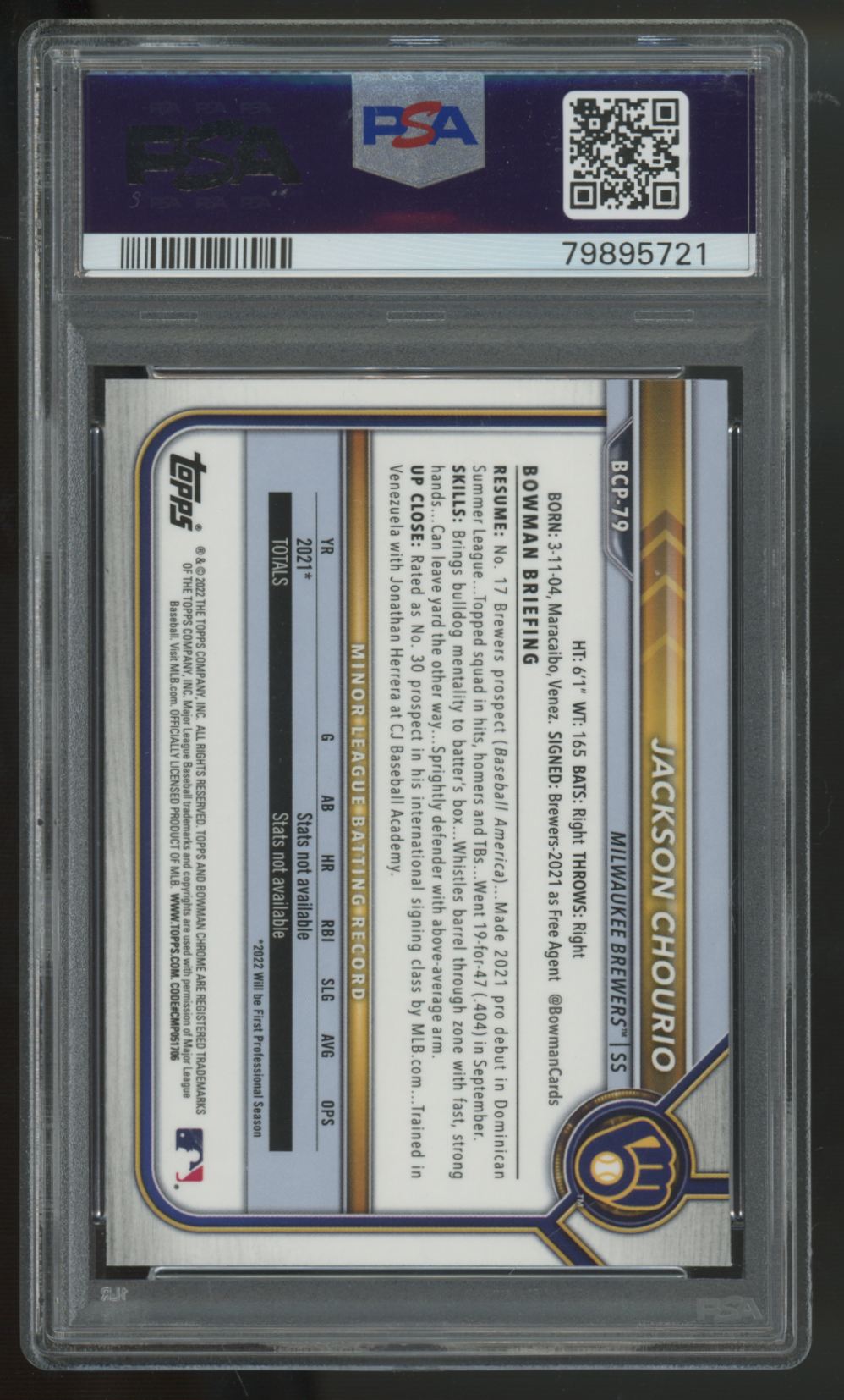 2022 Bowman Chrome Jackson Chourio 1st Prospects #BCP-79 PSA 10