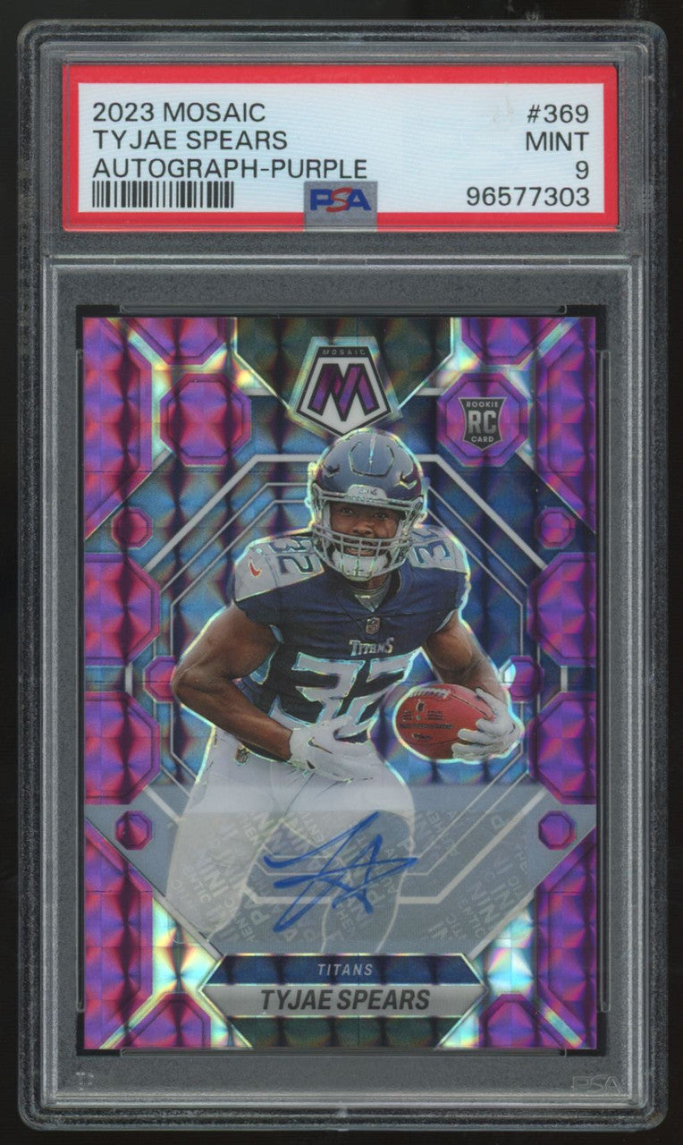 2023 Panini Mosaic Tyjae Spears RC Purple Auto /49 #369 PSA 9