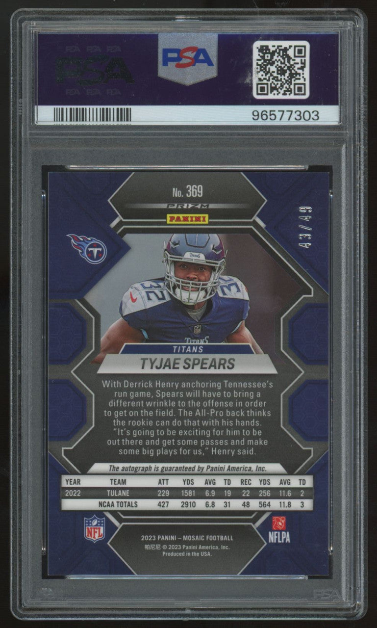 2023 Panini Mosaic Tyjae Spears RC Purple Auto /49 #369 PSA 9
