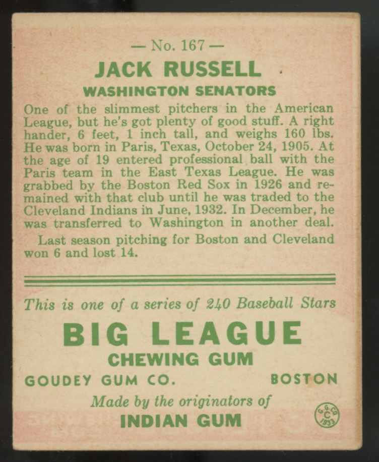 1933 Goudey Jack Russell #167 VG/EX