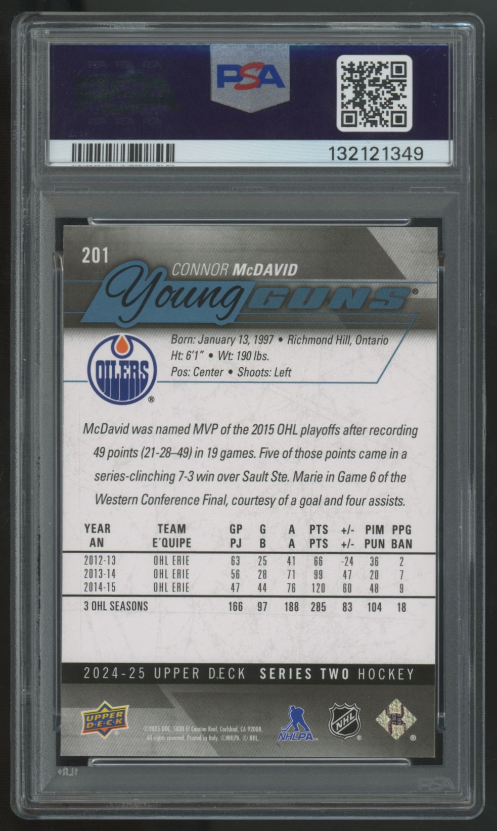 2024-25 Upper Deck Series Two Connor McDavid Young Guns Renewed #201 PSA 9