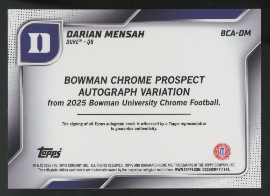 2025 Bowman Chrome U Darian Mensah 1st Prospect Shock Auto Refractor #BCA-DM
