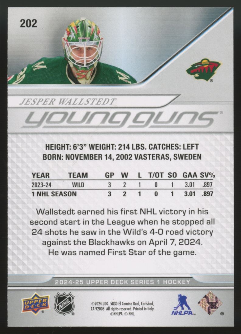 2024/25 Upper Deck Series 1 Jesper Wallstedt RC Young Guns #202